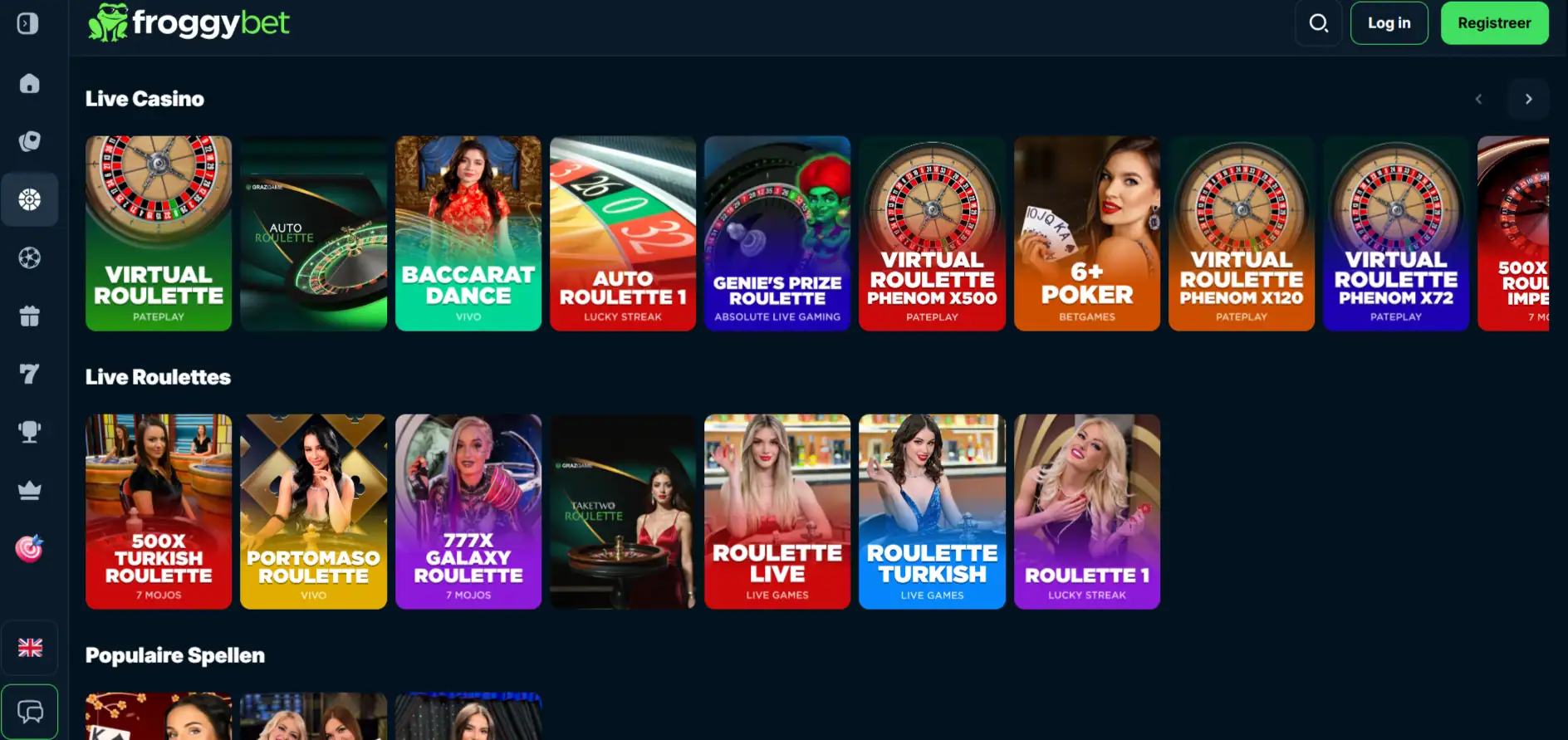 Froggybet live-casinolobby met categorieën voor live roulette, blackjack en populaire spellen
