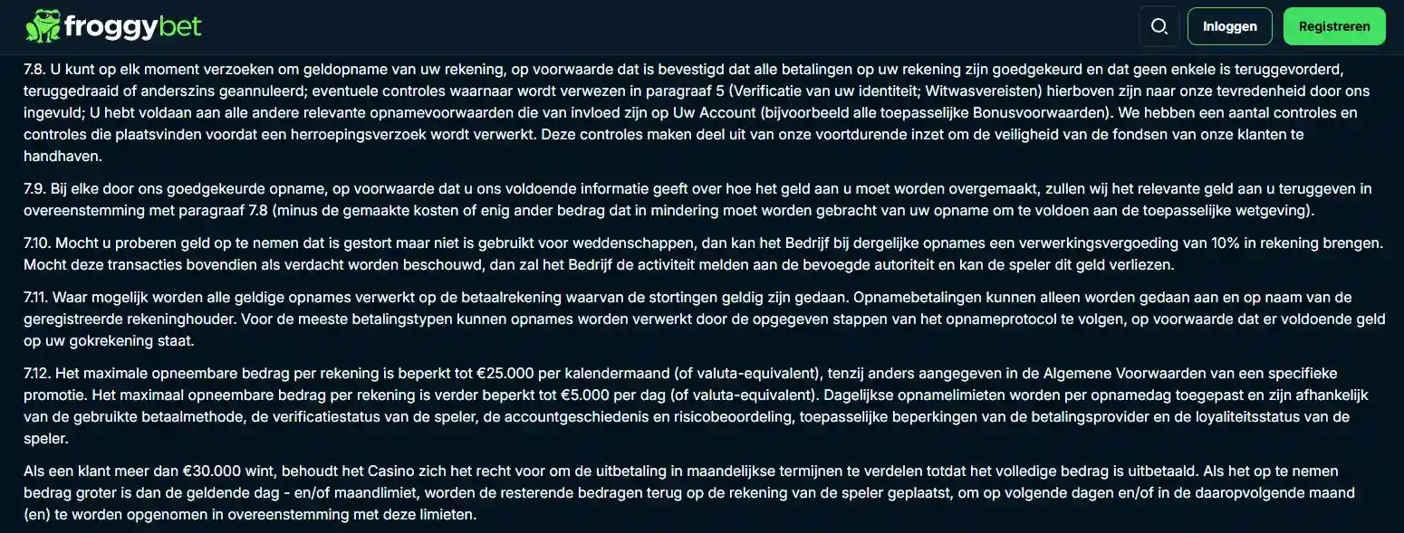 Froggybet voorwaarden met regels over betalingen, verificatie en uitbetalingslimieten