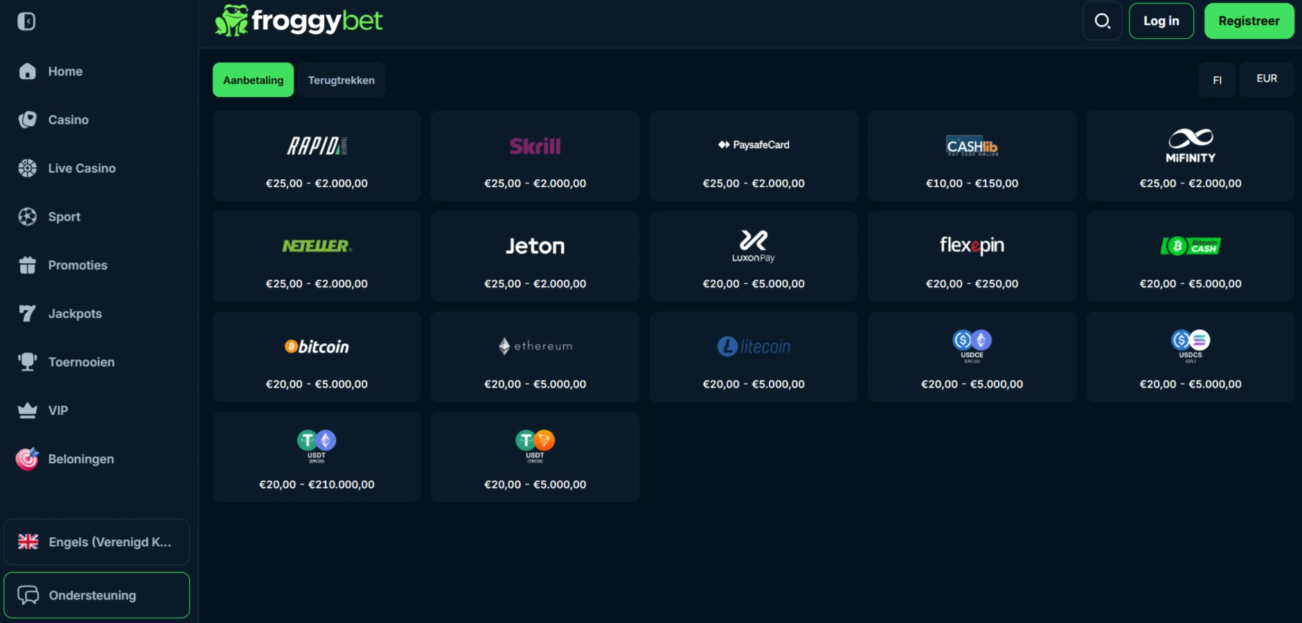 Froggybet betaalpagina met Bitcoin, Ethereum, Litecoin, USDC en USDT als betaalopties