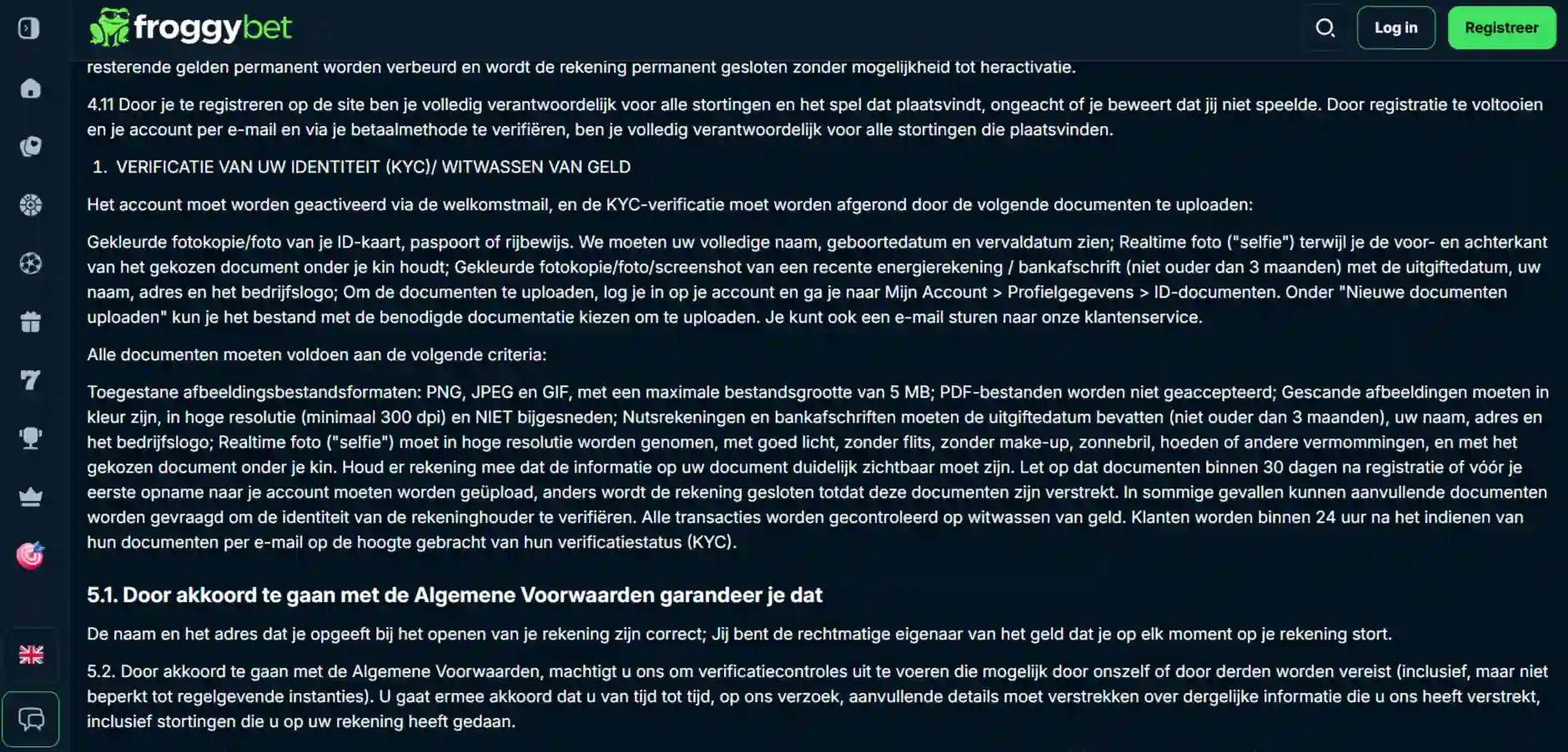 Froggybet accountgedeelte waar verificatiedocumenten kunnen worden aangeleverd