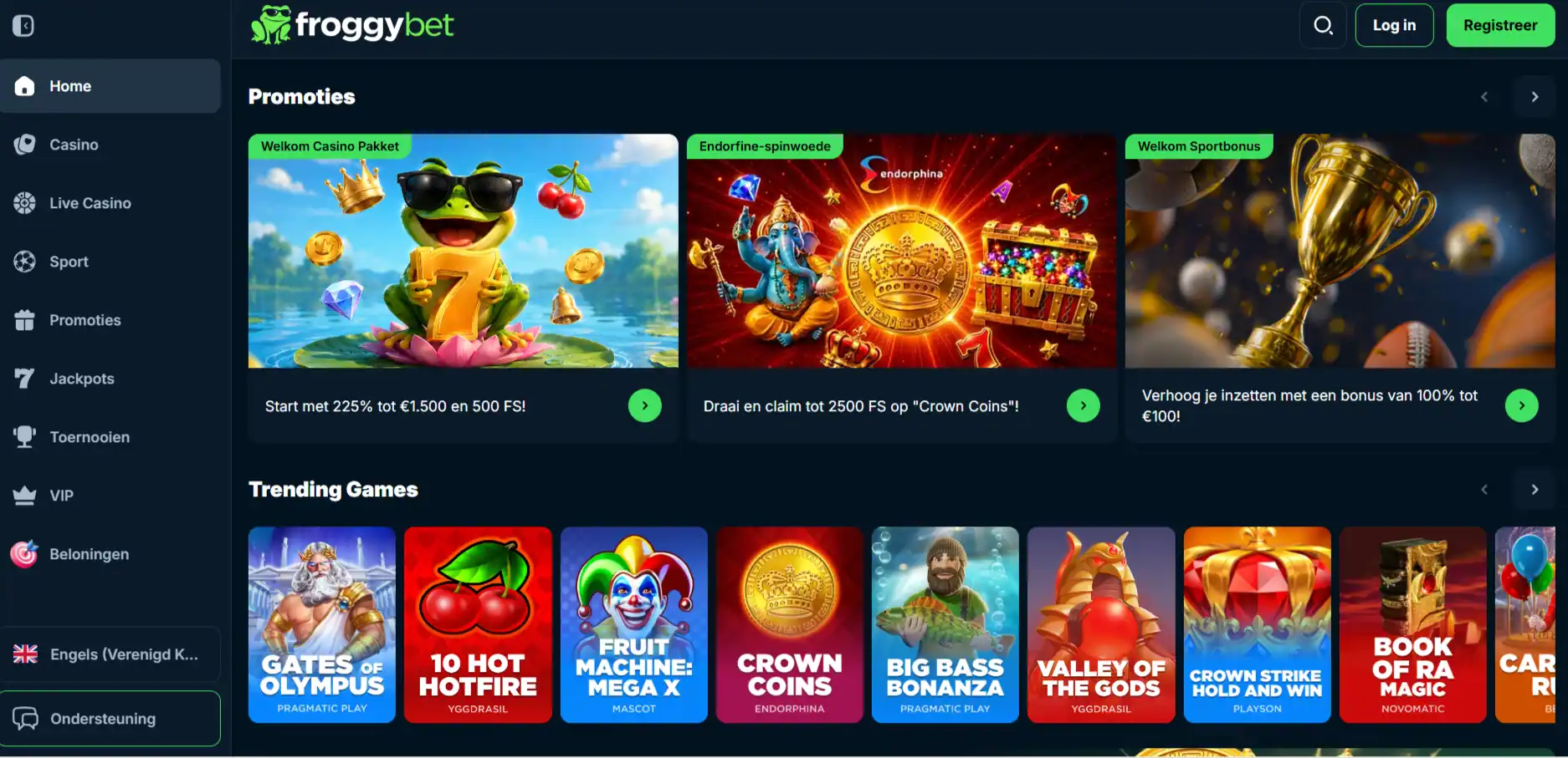 Froggybet-homepage met hoofdmenu en herkenbare merkstijl